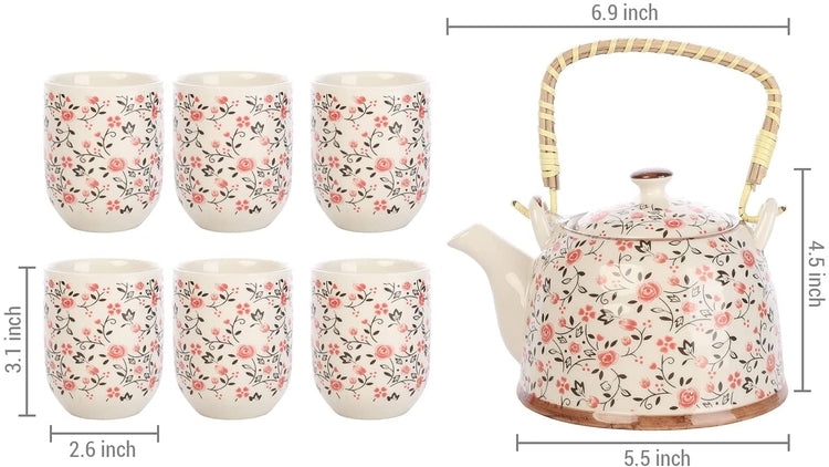 Japanese Ceramic Tea Service Set Pink Rose Pattern Design, Teapot with Bamboo Top Handle, Tea Leaf Strainer, 6 Teacups-MyGift