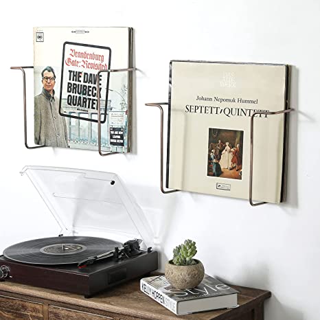 Wall Mounted Copper Tone Metal Wire Vinyl LP Record Storage Holder, Album Display Rack, Set of 2