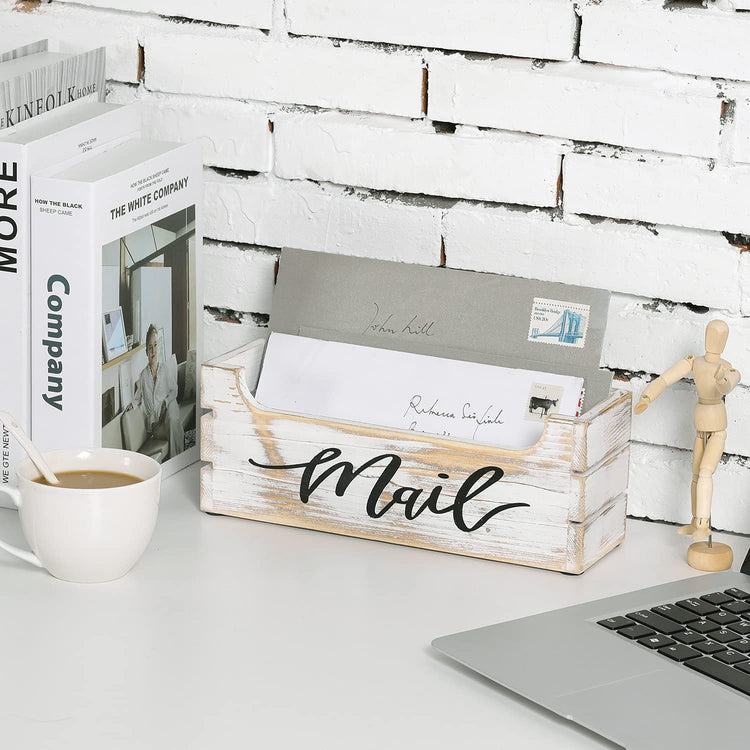 Crate Style Whitewashed Wood Mail Sorter Organizer Box with Cursive Writing "Mail" Label-MyGift