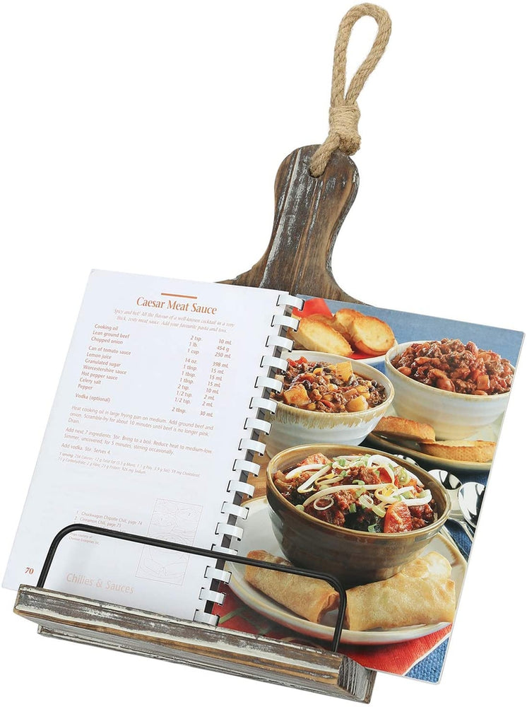 Torched Wood Cutting Board Design Cookbook Stand w/ Rustic Hanging Rope-MyGift