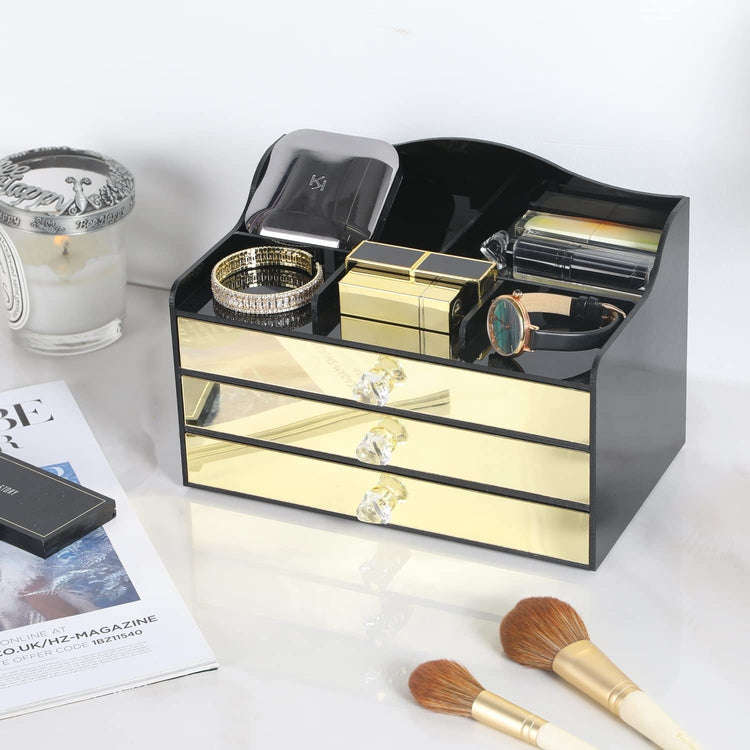 Black Acrylic Jewelry Box, Art Deco Mirrored Brass Tone Storage Drawer Organizer with Velvet Jewelry Tray Liners-MyGift