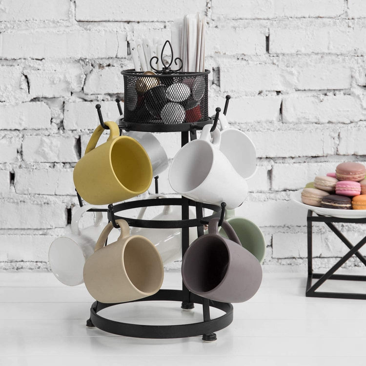 9-Hook Black Metal Coffee Mug Rack with Utensil Bin and Removable Accessory Basket