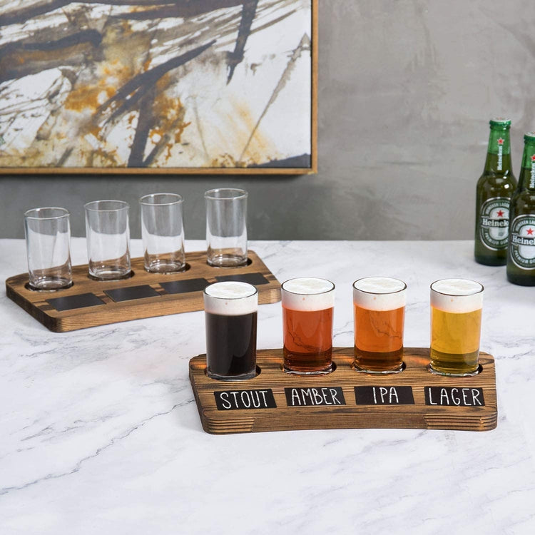 Dark Brown Wood 4-Glass Beer Flight Sampler Trays with Chalkboard Labels, Set of 2
