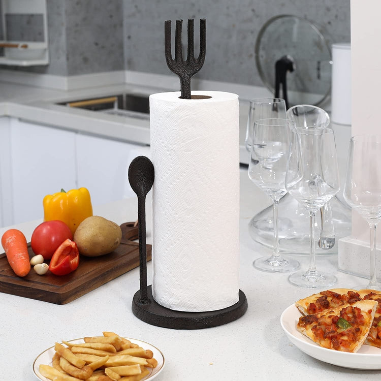 Cast Iron Countertop Paper Towel Holder with Fork and Spoon Design Accent