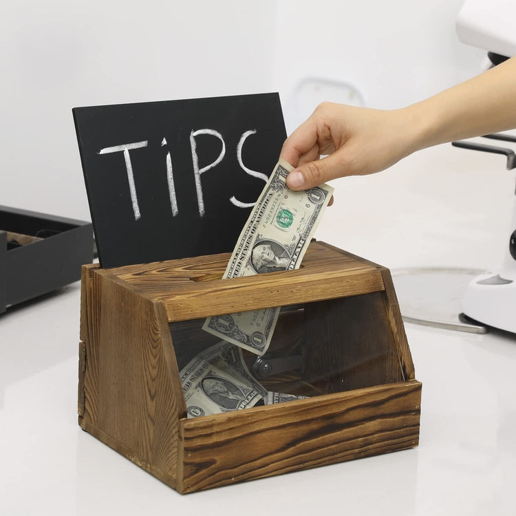 Brown Wood Donation Box with Lock, Suggestion or Tip Box with Window Panel, Chalkboard and Clear Acrylic Sign Holder