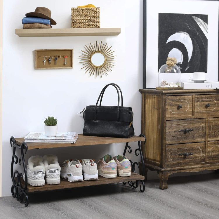 2 Tiered Shoe Rack, Vintage Metal Scrollwork and Burnt Wood Shoe Bench Shelves-MyGift