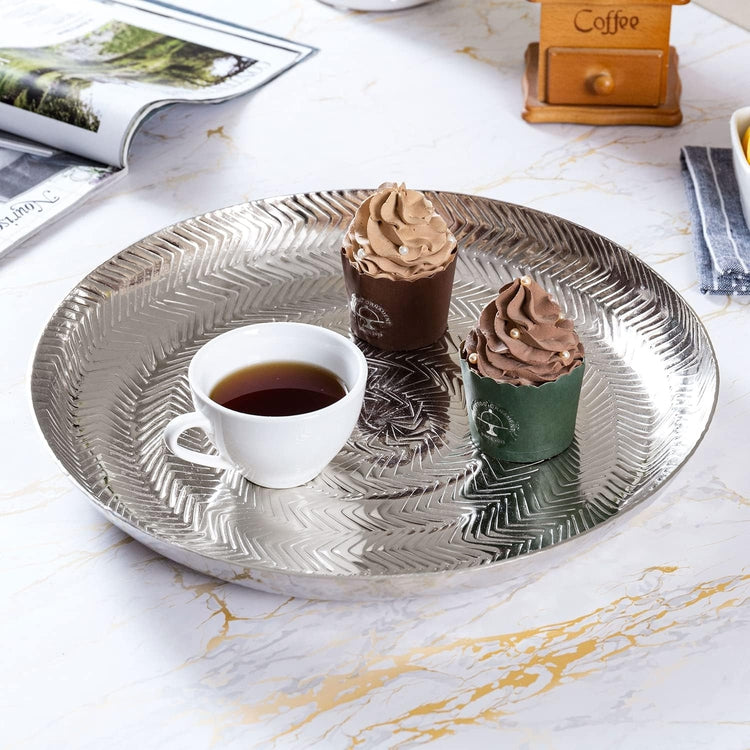 Round Etched Design Silver Tone Metal Serving Tray, Decorative Centerpiece  Platter Display for Dining and Coffee Table