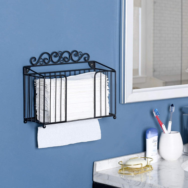 Scrollwork Decorative Black Metal Wall Mounted or Tabletop Commercial Folded Paper Towel Holder Dispenser Rack-MyGift