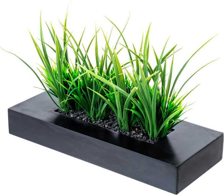 MyGift Large Artificial Green Grass Plants Potted in 14-Inch Matte Black Wood Decorative Planter, Tabletop Faux Greenery in Wooden Rectangular Pot