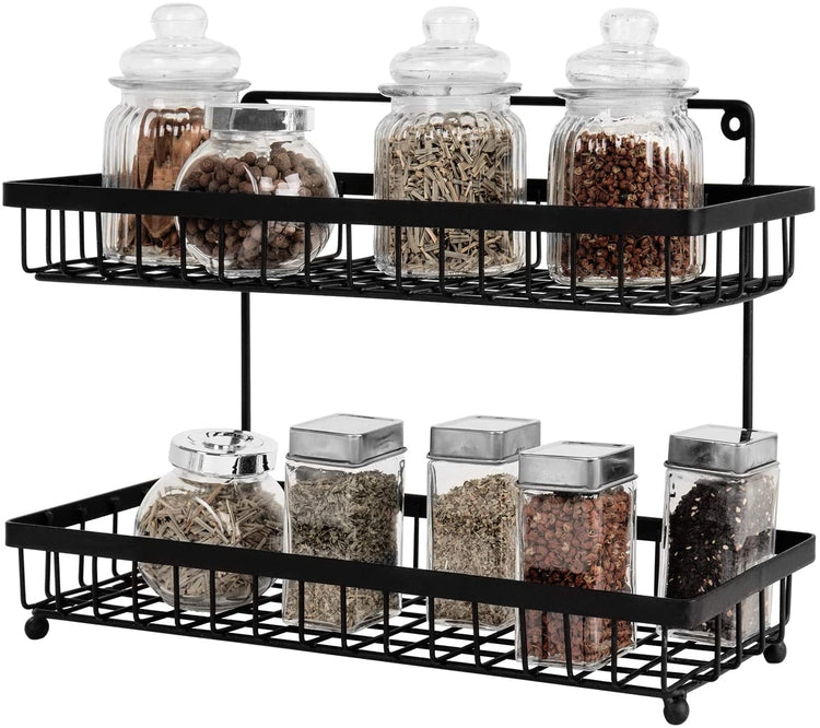 Black Metal Wall Mountable Kitchen Spice Rack, 14-Inch, 2-Tier Wire Countertop Storage Shelves-MyGift