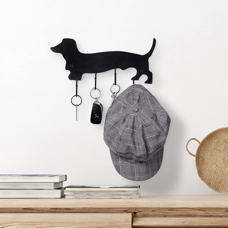 Decorative Dachshund Dog Design Black Metal Wall Mounted 4 Hook Organizer Rack