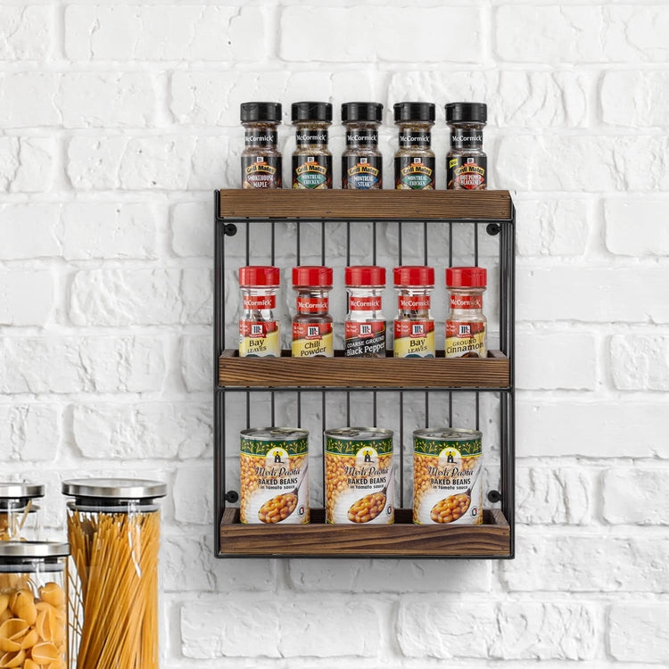 3 Tier Industrial Spice Rack, Matte Black Metal and Burnt Wood Wall Mounted  Hanging Kitchen Jar Condiment Bottle Shelf