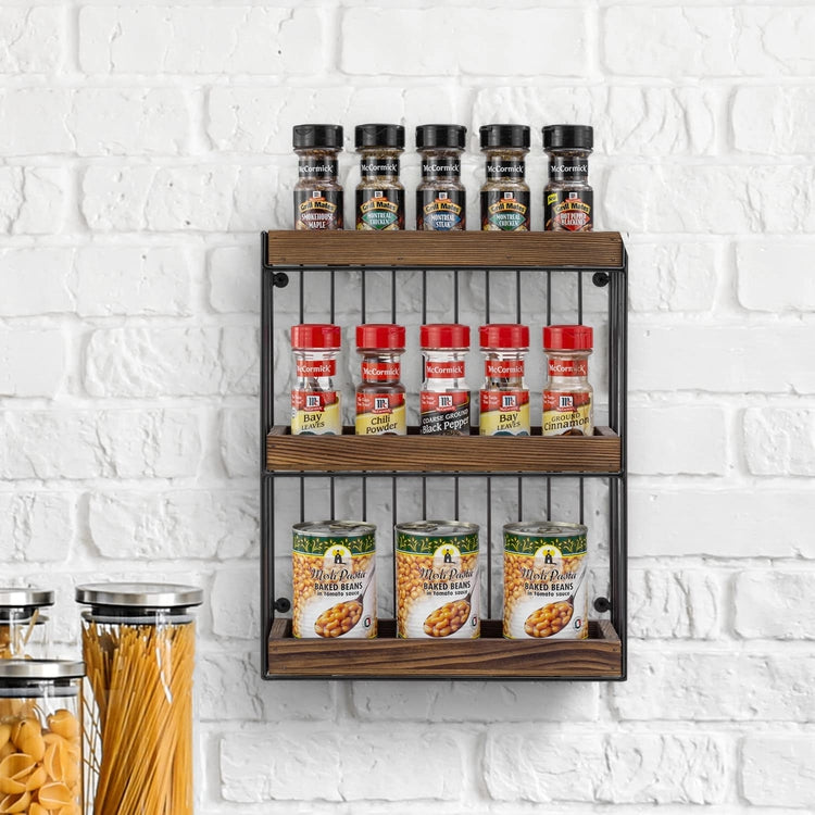 3 Tier Industrial Spice Rack, Matte Black Metal and Burnt Wood Wall Mo –  MyGift