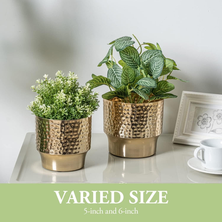 Hammered Brass Tone Metal Planter Pots, Decorative Flower Pot Plant Container Centerpiece