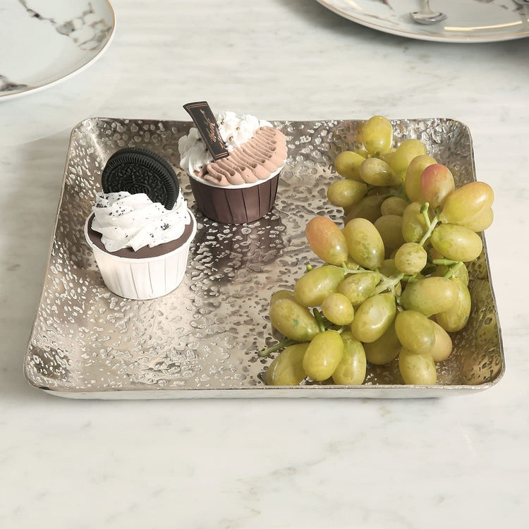 12 Inch Square Textured Silver Metal Decorative Tray, Large Centerpiece Display Serving Tray