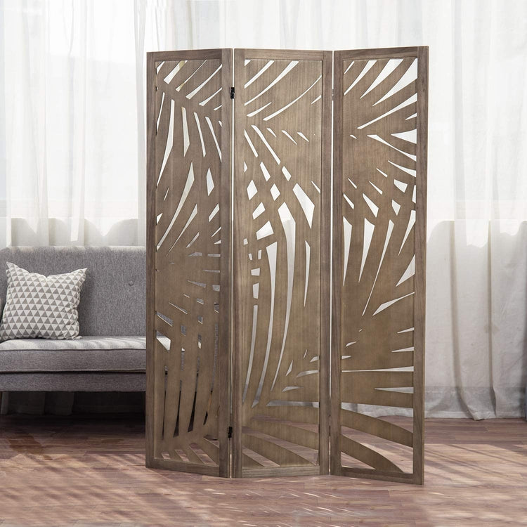 3 Panel, Brown Wood Tropical Palm Leaf Cutout Decorative Room Divider-MyGift