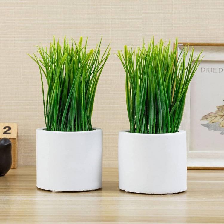 white potted artificial plants Tabletop Artificial Grass Plants Faux Greenery Plant Potted in Cylindrical White Cement Pots, Set of 2