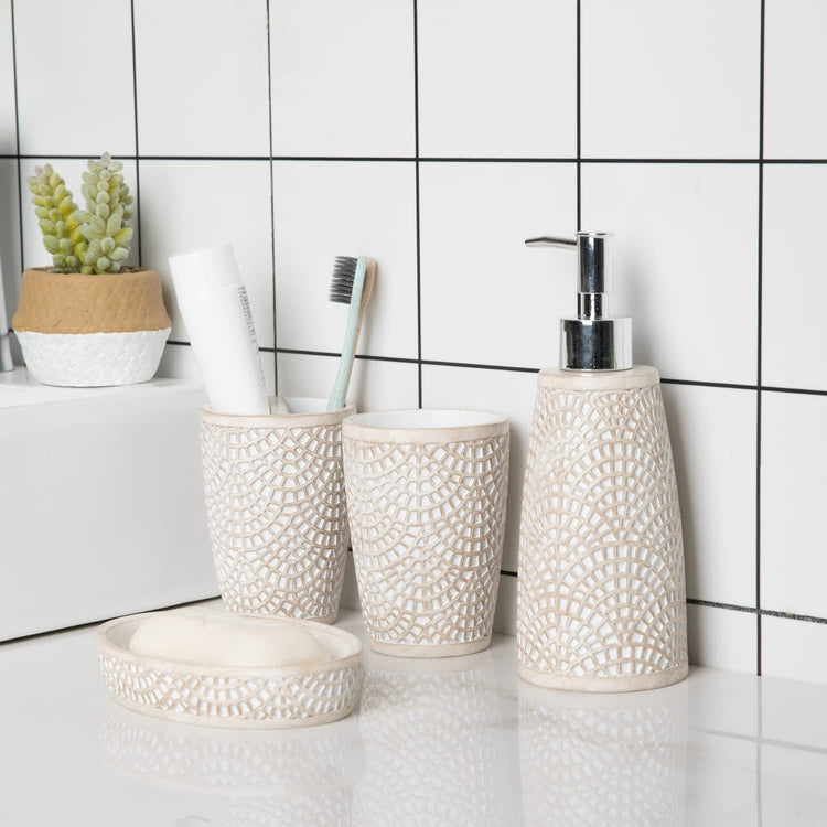 4 Piece White Art Deco Embossed Pattern Bathroom Set, Soap or Lotion Dispenser, Tumbler, Toothbrush Holder, Soap Dish-MyGift