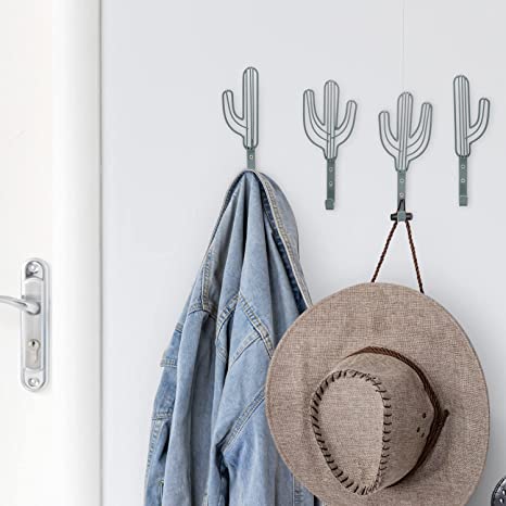 Cactus Shaped Green Metal Wall Hooks for Hanging Hat Coat Towel Southwest Style Home Decor Set of 4