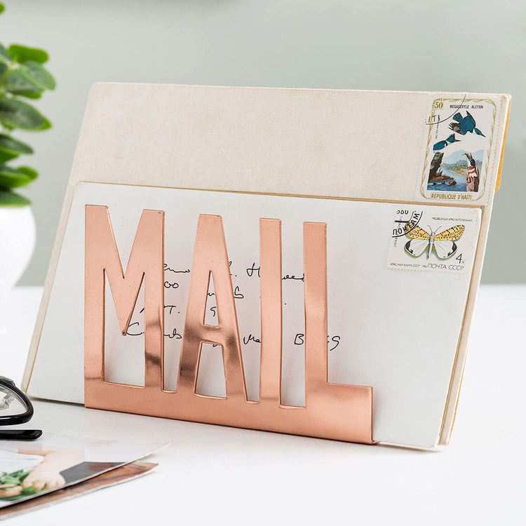 Rose Gold Metal Mail Sorter, Desktop Letter Holder with MAIL Cutout Design