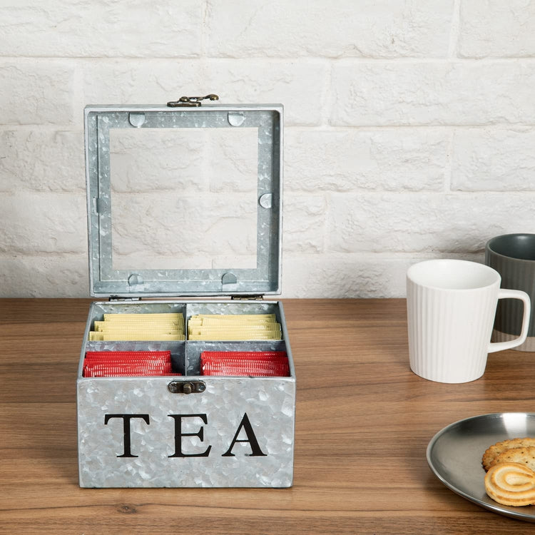 Silver Galvanized Metal Tea Bag Holder Storage Chest with Hinged Clear Lid, Antiqued Brass Latch, TEA Black Lettering-MyGift