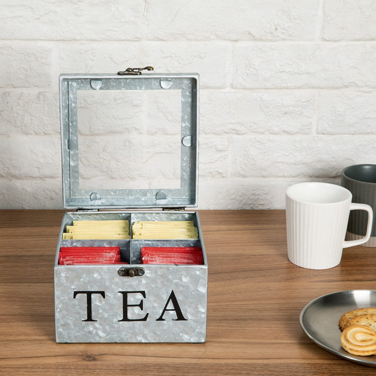 Silver Galvanized Metal Tea Bag Holder Storage Chest with Hinged Clear Lid, Antiqued Brass Latch, TEA Black Lettering
