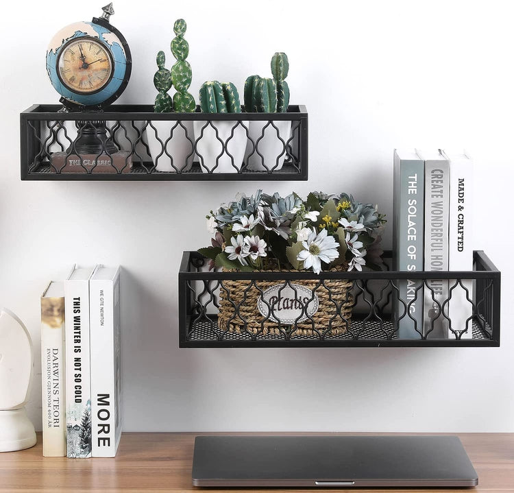 Black Metal Indoor Plant Wall Shelf with Moroccan Cutout Design, Decorative Window Boxes Planters, Set of 2