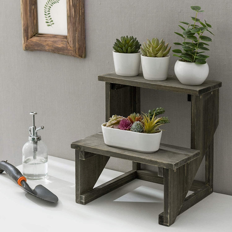2 Tier Rustic Reclaimed Style Dark Gray Wood Planter Display Stand