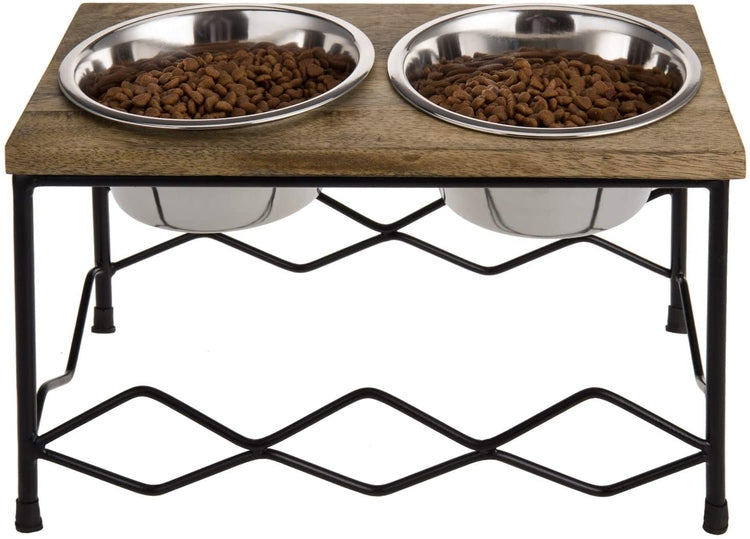 Natural Wood & Black Metal Lattice Style Elevated Double Pet Feeder with 2 Stainless Steel Bowls-MyGift