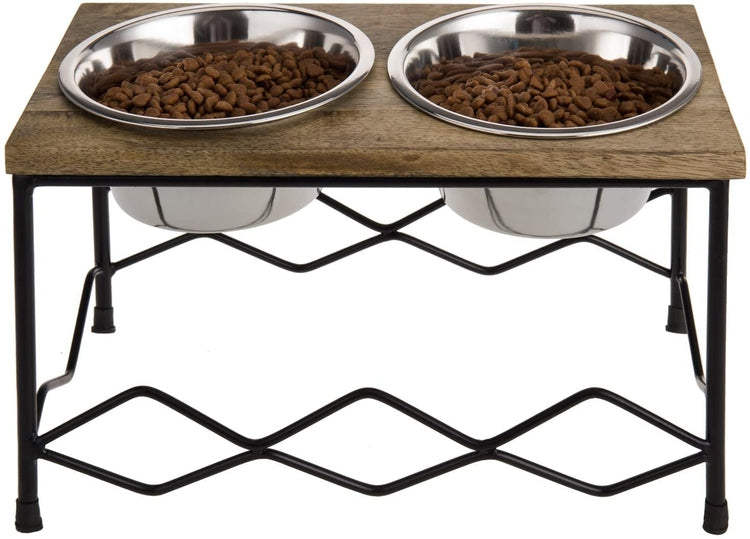 Natural Wood & Black Metal Lattice Style Elevated Double Pet Feeder with 2 Stainless Steel Bowls