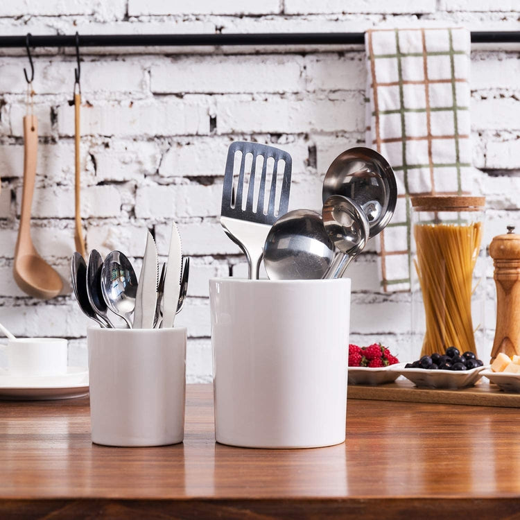 Set of 2 White Small & Large Ceramic Utensil Holder, Kitchen Crock-MyGift