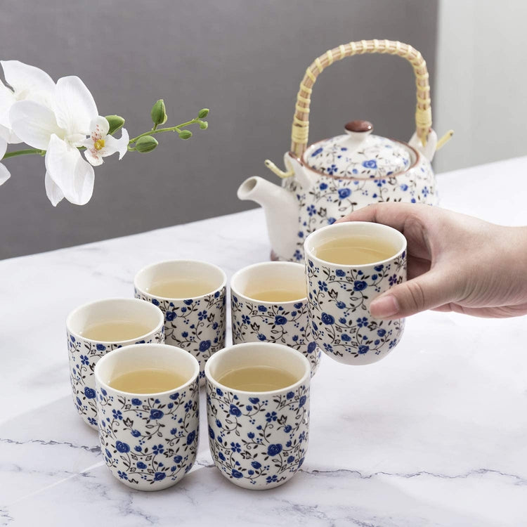 Blue Roses Japanese Tea Service Set with Teapot and Bamboo Top Handle, 1 Leaf Strainer and 6 Teacups-MyGift