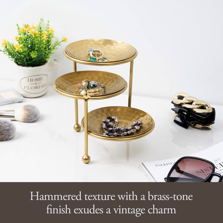 3 Tier Jewelry Dish Organizer, Hammered Brass Plated Metal Ring Tray, Earring, Necklace, Bracelet Storage Display Tower