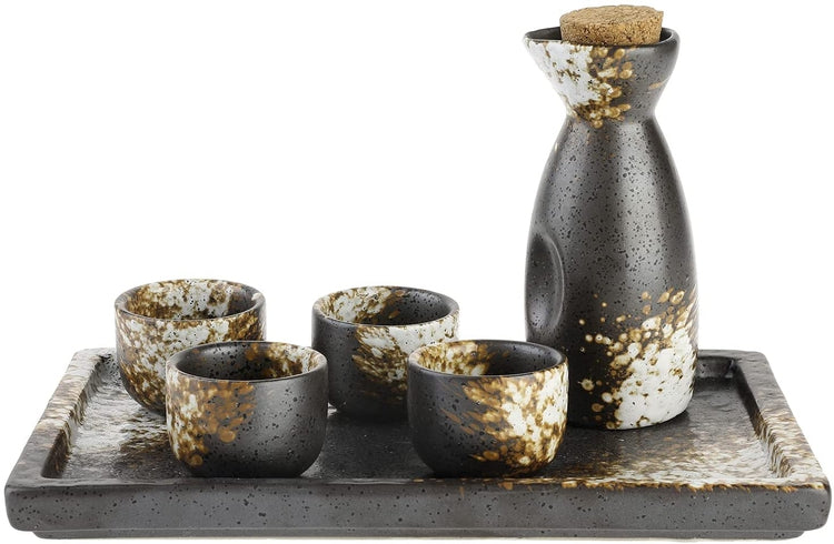 Japanese Dark Brown and White Speckled Ceramic Sake Set, with 4 Shot Glasses, Serving Tray, and Carafe Bottle, Cork Lid-MyGift