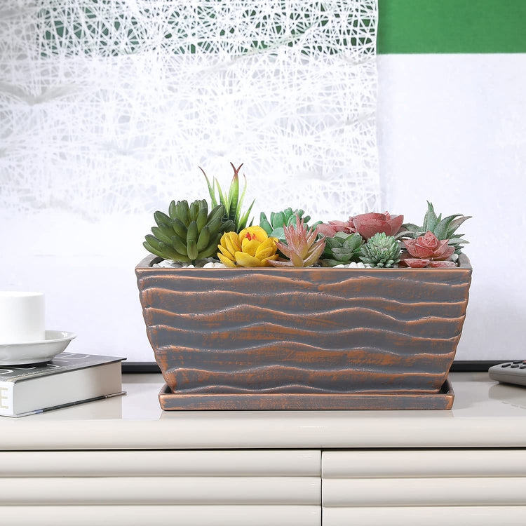 12 Inch Copper Ceramic Succulent Planter Pot, Drainage and Embossed Design, Window Box Planter with Removable Saucer Tray