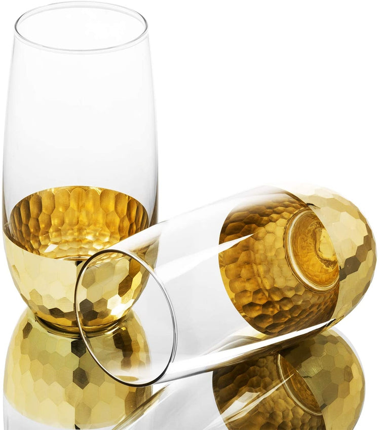 Set of 4 Modern Stemless Wine Flute Glasses w/ Hammered Brass Plated Design-MyGift