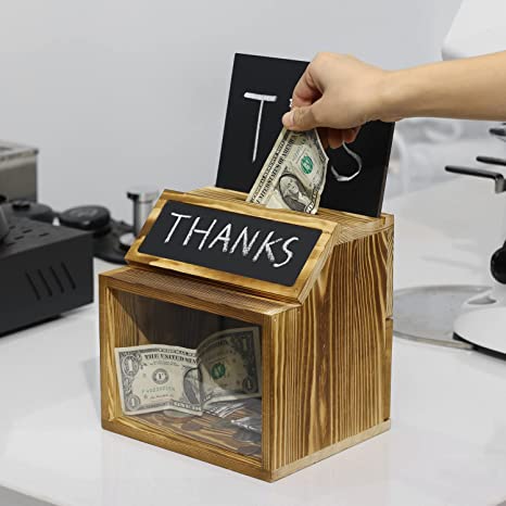 Burnt Wood Tip Collection & Donation Box w/ Clear Acrylic Window Panel, Lock, Key, Attached Chalkboard Label & Removable Sign