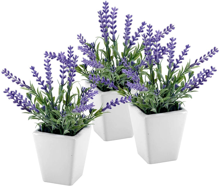 3 Pack 7.5 Inch Tall Artificial Lavender Plant with Ceramic Pot, Faux Flower for Home or Office-MyGift