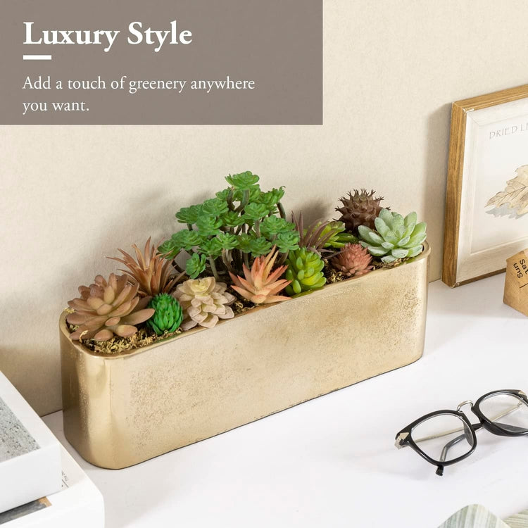 Gold Metal Succulent Planter Pot, Elongated Oval Flower Vase Plant Holder Tabletop Centerpiece-MyGift