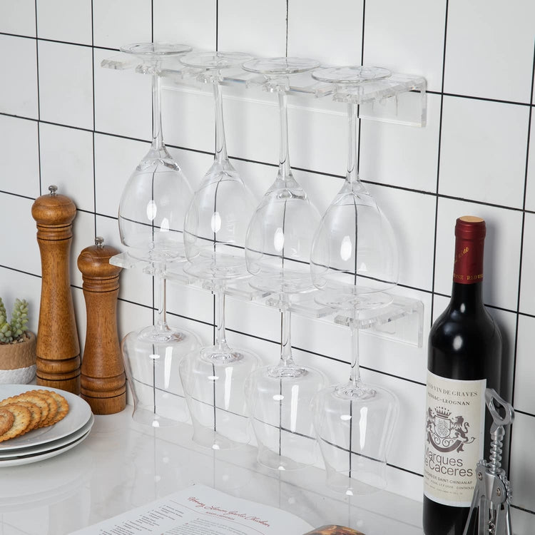 Clear Acrylic Wall Mounted 4-Slot Stemware Wine Glass Hanging Rack, Set of 2