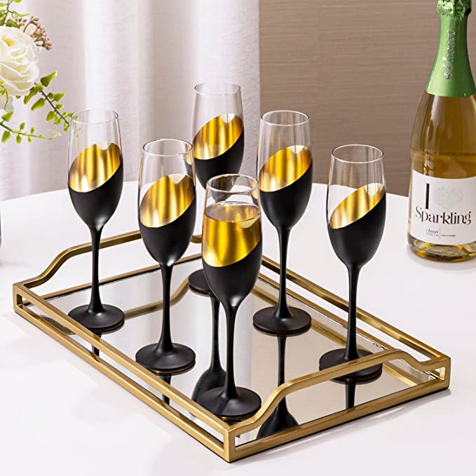 Stemmed Champagne Flute Glasses with Matte Black and Gold Plated Design, 8 oz, Set of 6