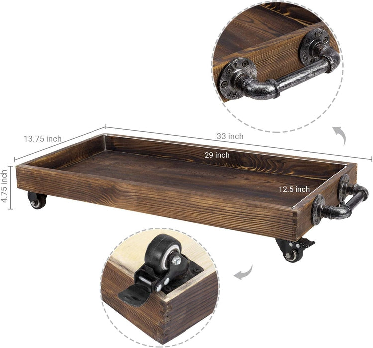 30-Inch Rustic Wood Rolling Boot Tray with Metal Pipe Handles-MyGift