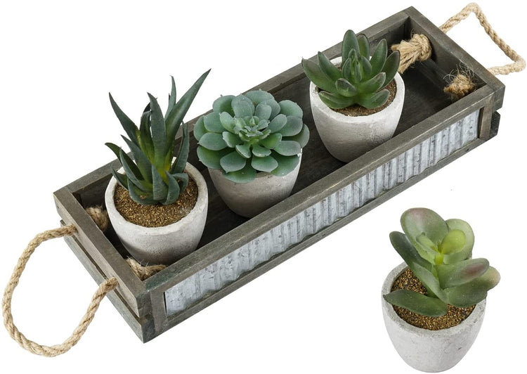 Artificial Plant Set, Mini Assorted Faux Succulents in Concrete Planters and Gray Wood Display Box with Galvanized Metal-MyGift
