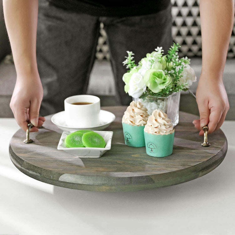 18 Inch Gray Wood Lazy Susan Turntable Serving Tray with Vintage Metal Handles-MyGift