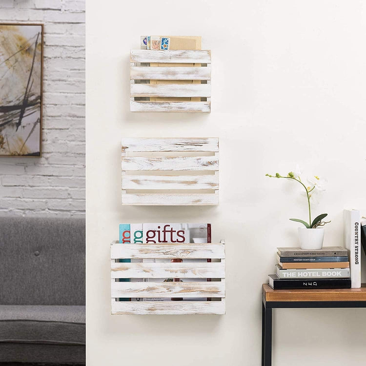 Whitewashed Wood Wall Mounted Mail Holder or Magazine Storage Racks, Set of 3
