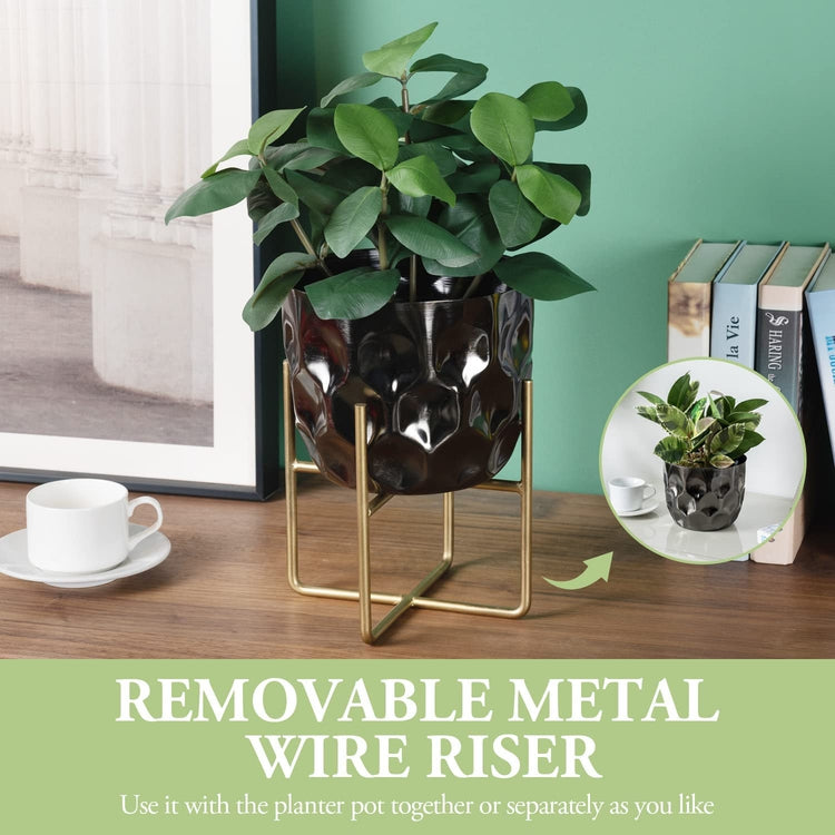 7 Inch Hammered Black Metal Flower Planter Pot with Gold Decorative Riser, Plant Pot with Display Stand-MyGift