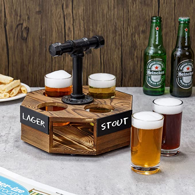 Burnt Solid Wood Octagon Beer Flight Serving Caddy with Metal Pipe Han –  MyGift