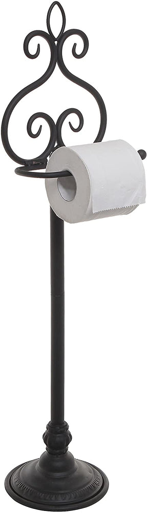 Freestanding Metal Scrollwork Toilet Paper Holder Rack, Black Hand Towel & Washcloth Bar-MyGift