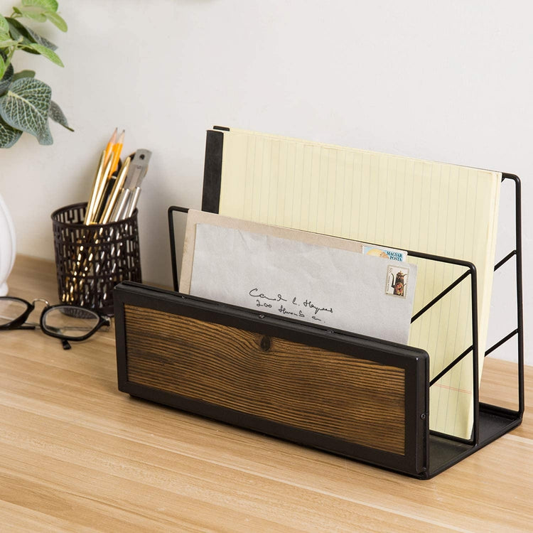 2-Slot Black Metal Wire and Burnt Wood Tabletop Mail Sorter Rack, Magazine Holder Organizer-MyGift