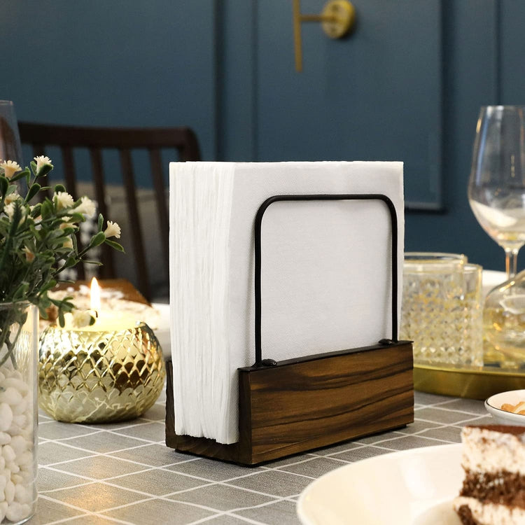 Black Metal Wire and Burnt Wood Upright Napkin Holder-MyGift